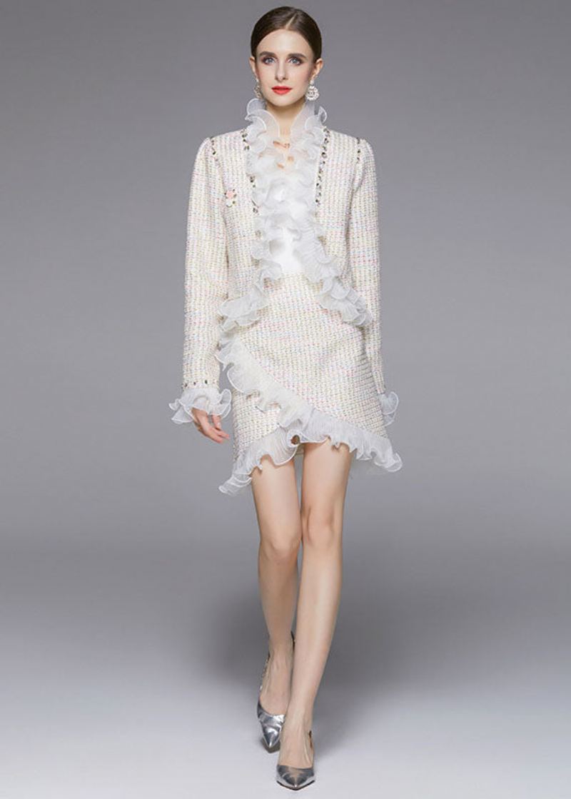 Élégant Beige Asymétrique Patchwork Volants En Laine Deux Pièces Costume Ensemble Automne - Manteaux en laine femmes