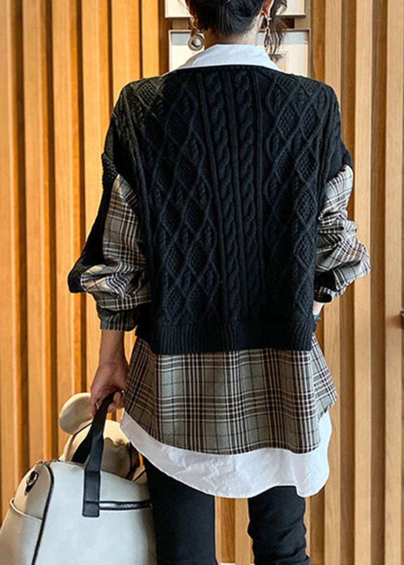 Ensemble Deux Pièces En Laine D'automne À Carreaux Noirs Chics En Tricot À Col En V Et Patchwork - Noir