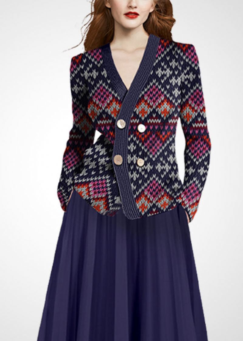 Ensemble Deux Pièces En Tricot De Laine Rouge Violet Vêtements Pour Femmes Col En V Double Poitrine Hiver - Manteaux en laine femmes