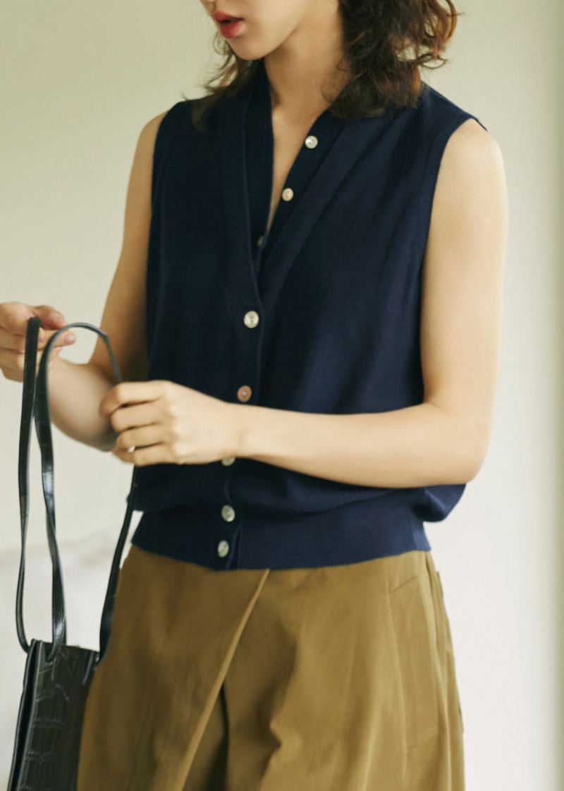 Faux Hauts En Laine Tricotés Deux Pièces Bleu Marine Sans Manches - Marine