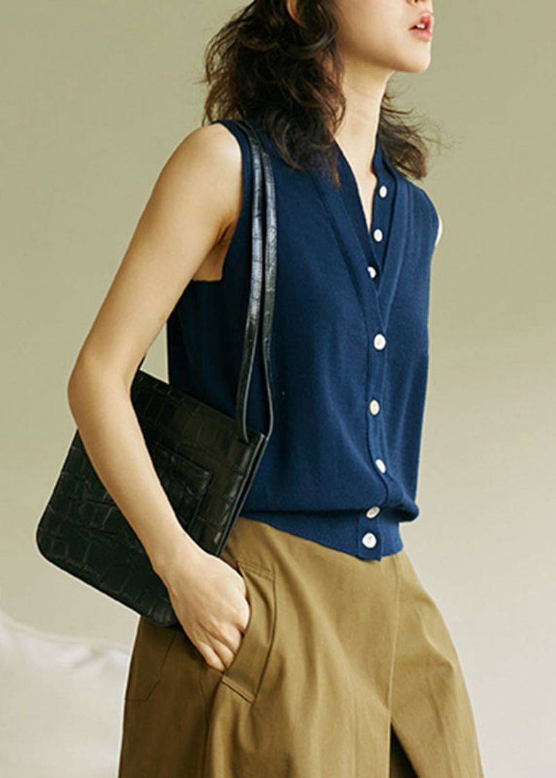 Faux Hauts En Laine Tricotés Deux Pièces Bleu Marine Sans Manches - Marine