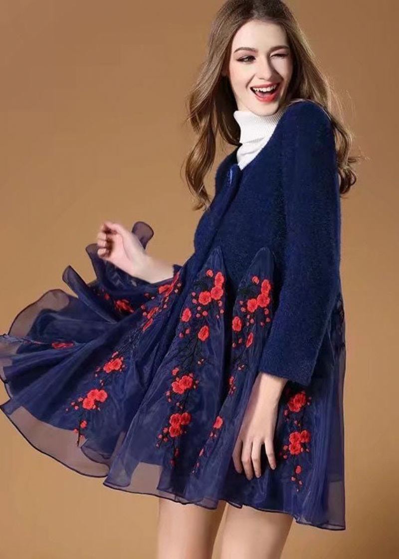 Femmes Bleu Organza Patchwork Brodé Laine Manteaux Hiver - Manteaux en laine femmes