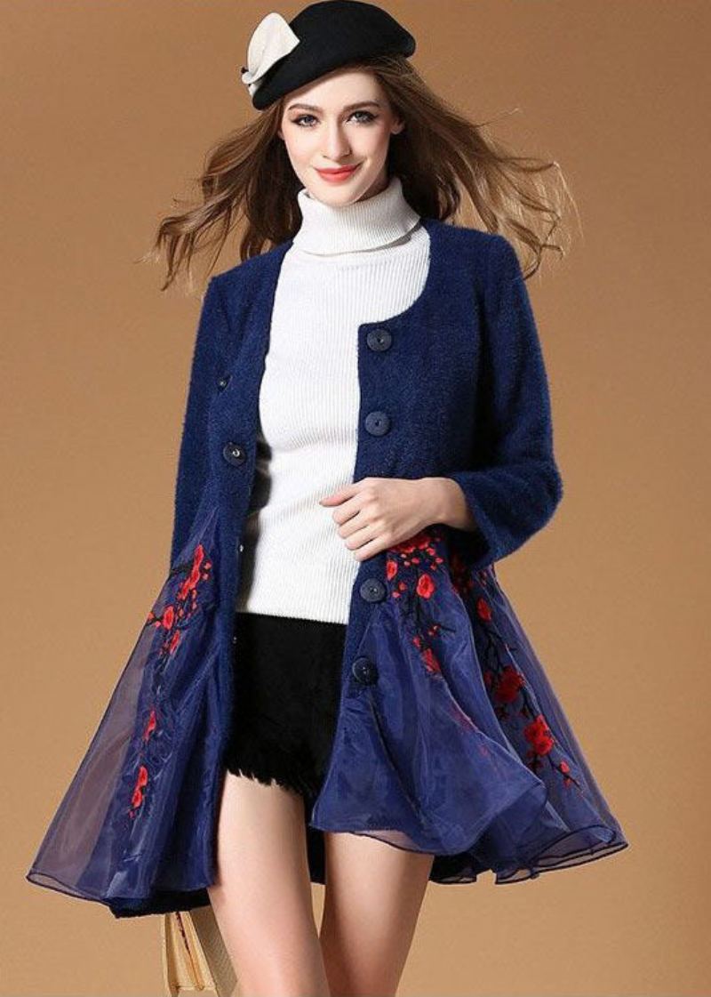 Femmes Bleu Organza Patchwork Brodé Laine Manteaux Hiver - Manteaux en laine femmes