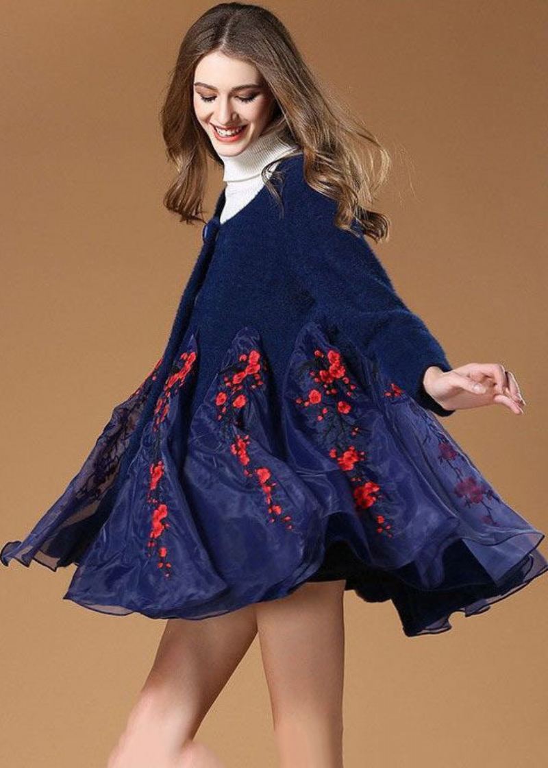 Femmes Bleu Organza Patchwork Brodé Laine Manteaux Hiver - Manteaux en laine femmes