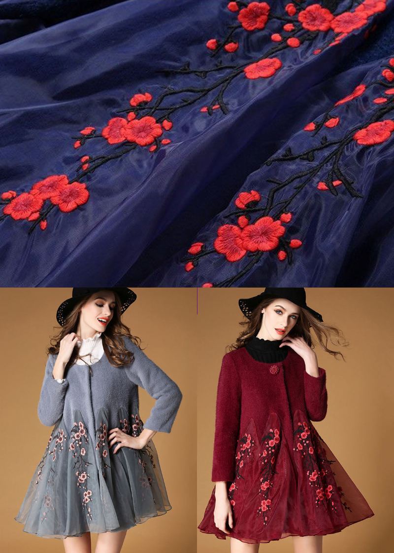 Femmes Bleu Organza Patchwork Brodé Laine Manteaux Hiver - Manteaux en laine femmes