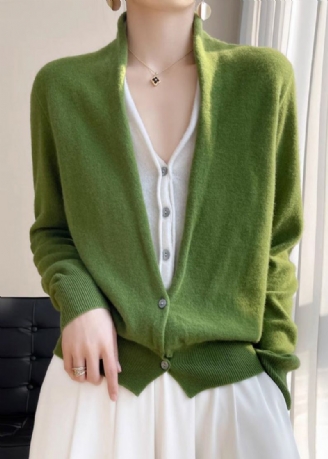 Haut En Tricot En Laine Pour Femmes Vert Col En V Boutons Patchwork Automne