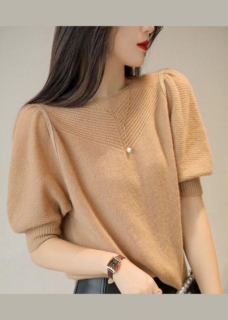 Hauts En Tricot De Laine Patchwork Blanc Français À Manches Bouffantes Ajourées - Manteaux en laine femmes