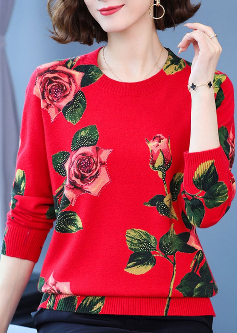 Hauts Tricotés En Laine Imprimé Rouge Col Rond Zircon Printemps - Manteaux en laine femmes