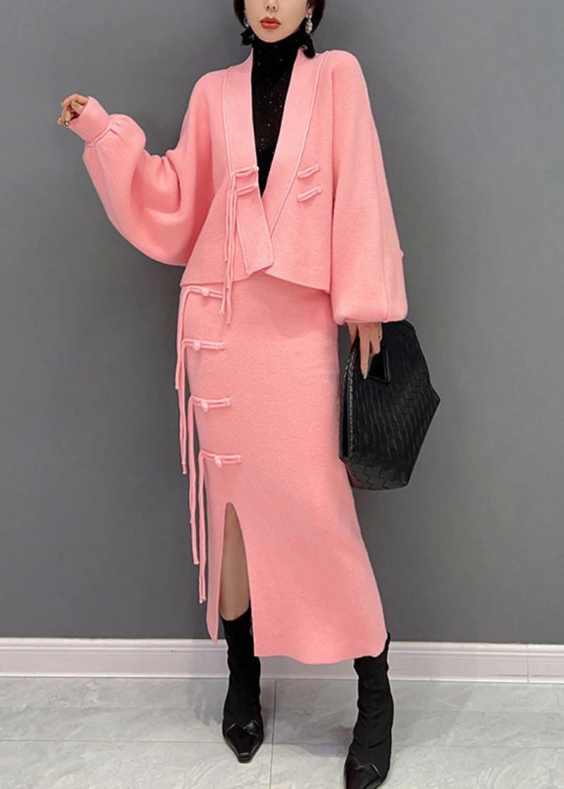 Magnifique Ensemble Deux Pièces Rose Avec Haut En Laine Boutonné À Col En V Et Jupes Longues Pour L'hiver - Manteaux en laine femmes