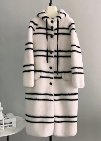 Manteau À Capuche Long En Laine À Rayures Blanches Italiennes Hiver
