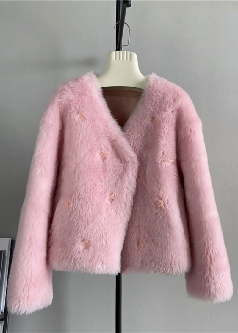 Manteau Court En Laine À Fleurs Bleu Col En V Boutique Hiver - Manteaux en laine femmes