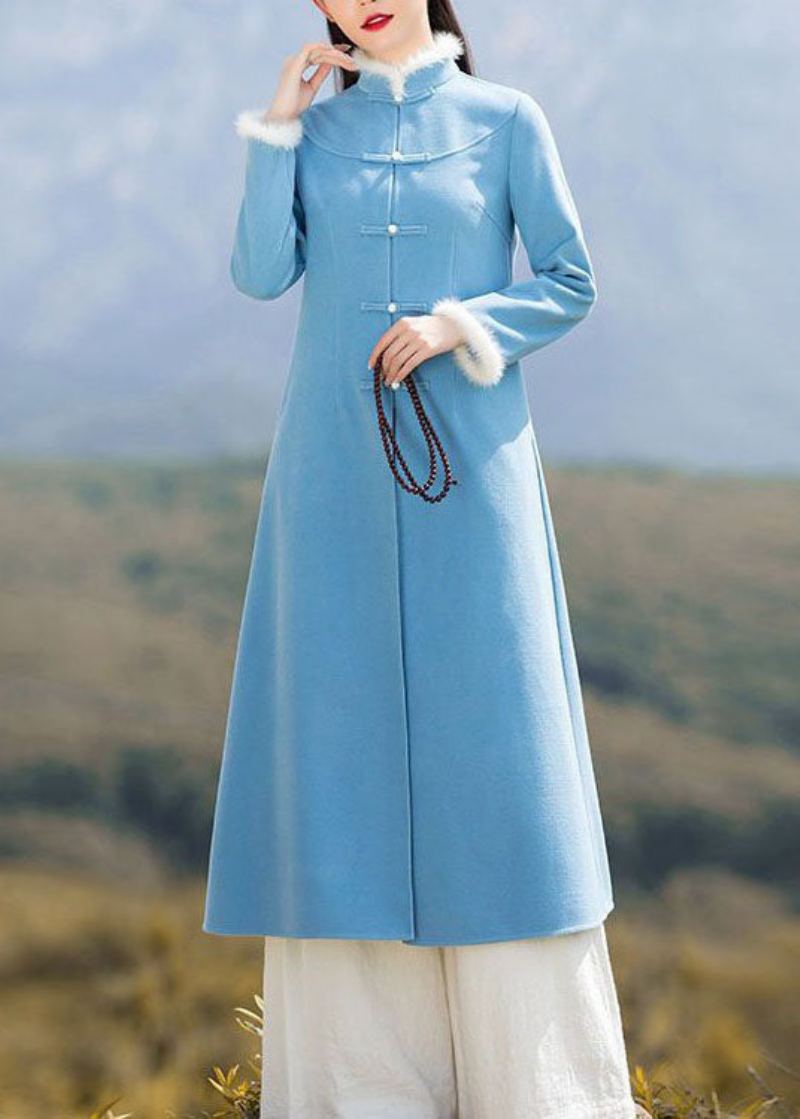 Manteau Et Pantalon En Laine À Boutons Chinois Patchwork Bleu Unique Ensemble Deux Pièces Printemps - Manteaux en laine femmes