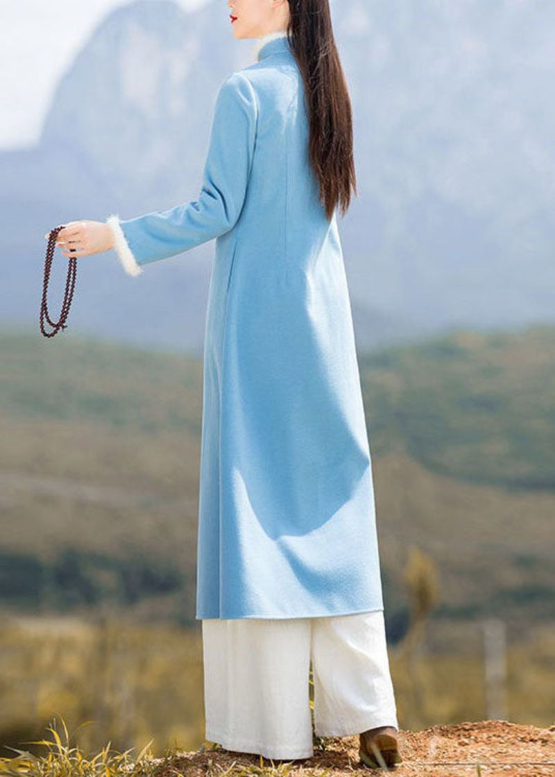 Manteau Et Pantalon En Laine À Boutons Chinois Patchwork Bleu Unique Ensemble Deux Pièces Printemps - Manteaux en laine femmes