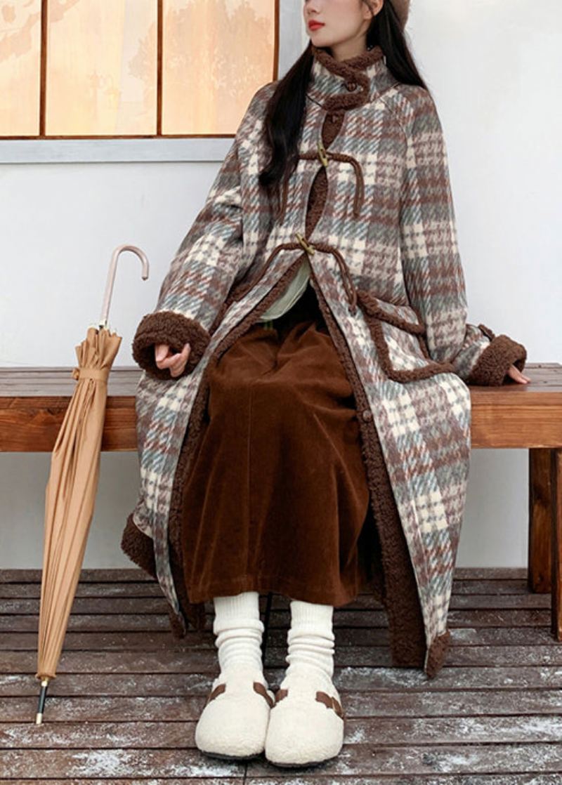 Manteau D'hiver Doublé En Laine Polaire Avec Poches À Carreaux Café Vert Original