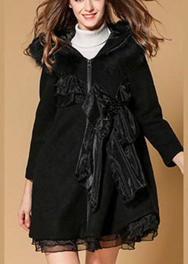 Manteau En Laine D'automne En Organza Avec Capuche Noire Et Col En Fourrure Fait À La Main - Rose