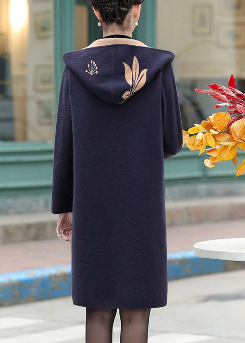 Manteau En Laine À Capuche En Zircon Pour Femme Jacquard Bleu Marine Printemps - Manteaux en laine femmes