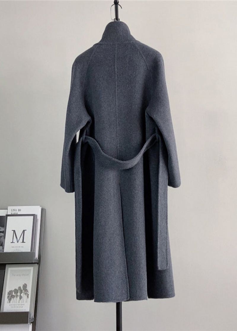 Manteau En Laine Gris Foncé Élégant Col Montant Cravate À La Taille Hiver - Manteaux en laine femmes