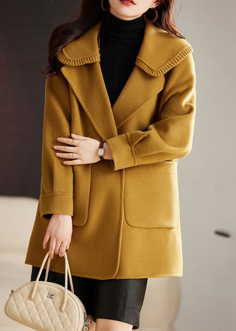 Manteau En Laine Patchwork Jaune Chic Avec Poches Boutonnées Et Manches Longues - Manteaux en laine femmes