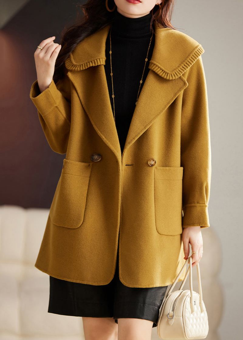 Manteau En Laine Patchwork Jaune Chic Avec Poches Boutonnées Et Manches Longues - Manteaux en laine femmes