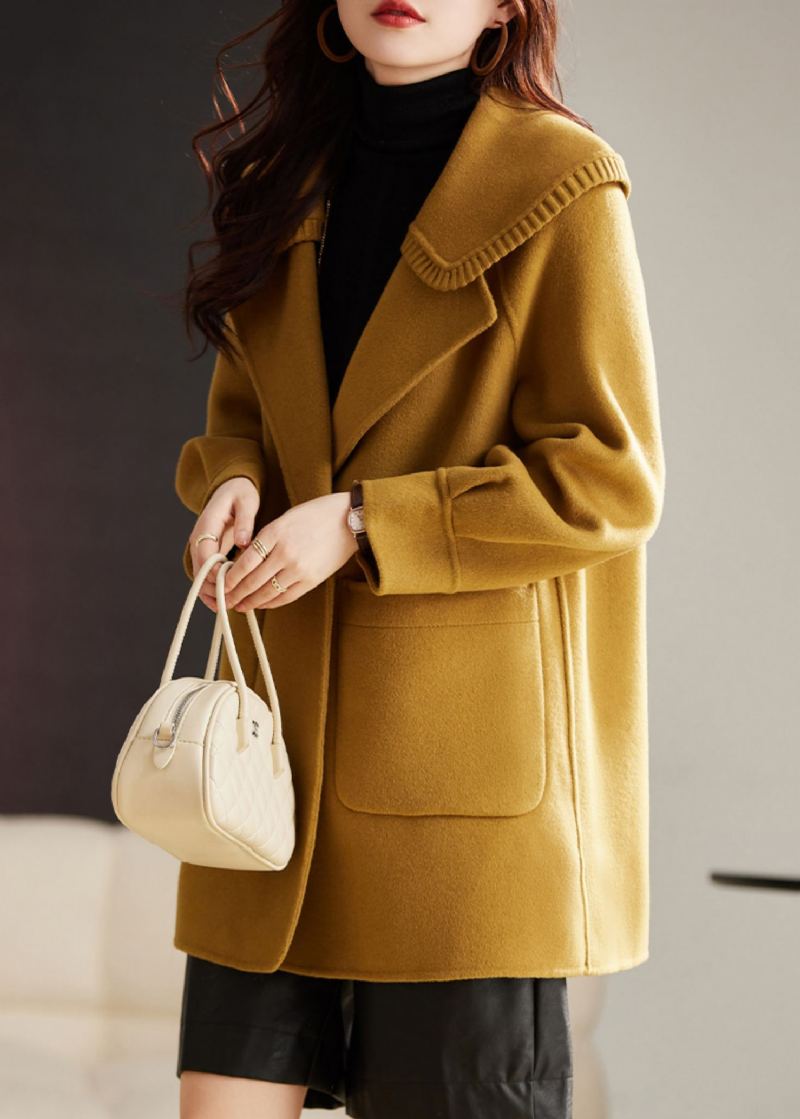 Manteau En Laine Patchwork Jaune Chic Avec Poches Boutonnées Et Manches Longues - Manteaux en laine femmes