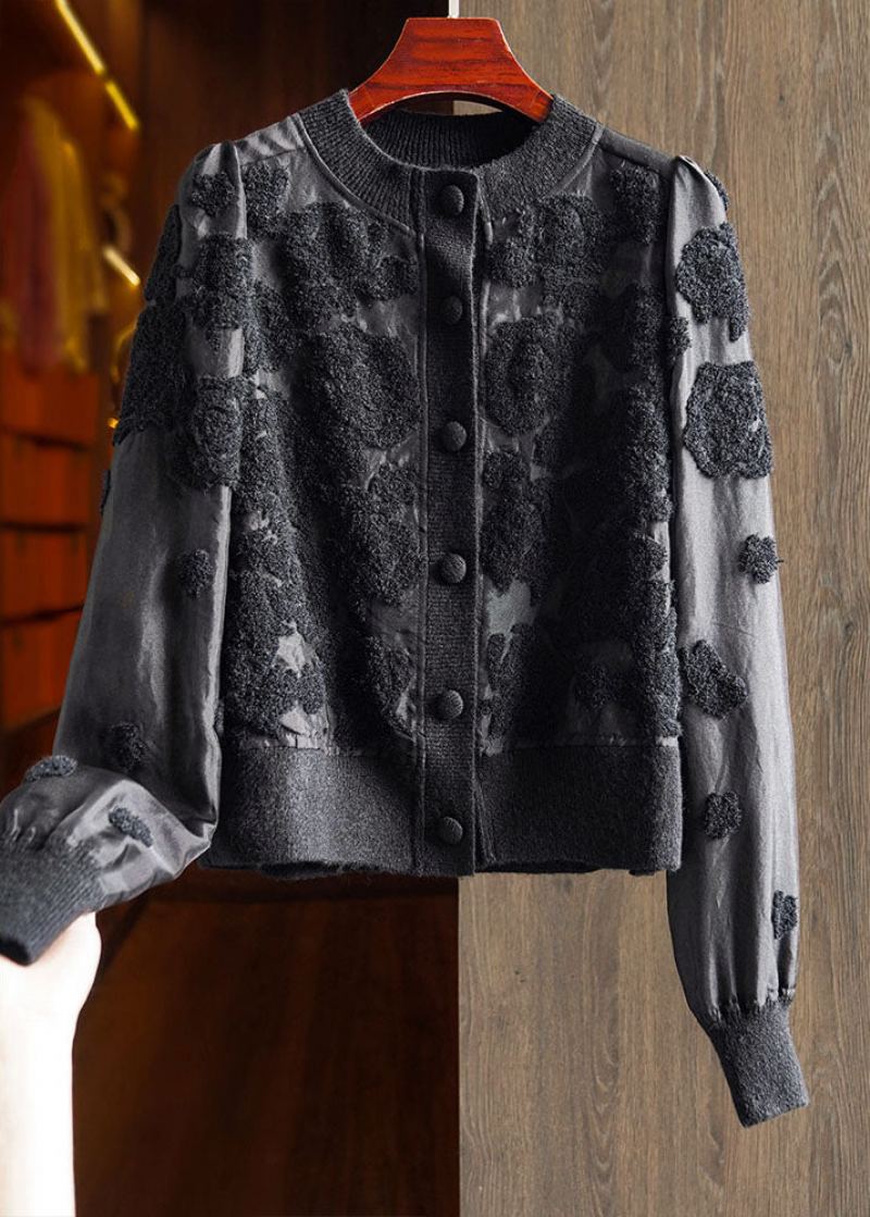 Manteau Tricoté En Laine Et Soie Col Rond Noir Français Boutons Patchwork Manches Longues - Manteaux en laine femmes