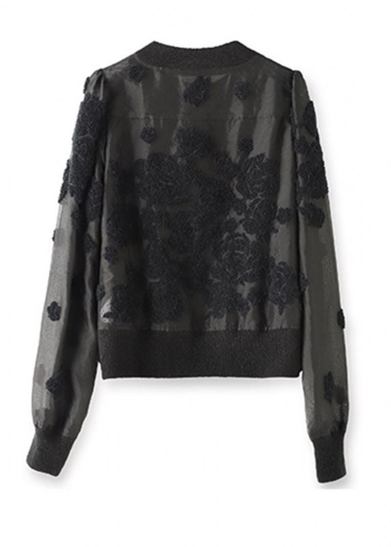 Manteau Tricoté En Laine Et Soie Col Rond Noir Français Boutons Patchwork Manches Longues - Manteaux en laine femmes