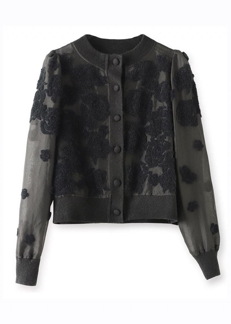 Manteau Tricoté En Laine Et Soie Col Rond Noir Français Boutons Patchwork Manches Longues - Manteaux en laine femmes