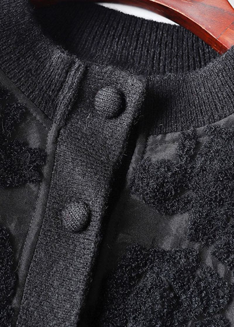 Manteau Tricoté En Laine Et Soie Col Rond Noir Français Boutons Patchwork Manches Longues - Manteaux en laine femmes