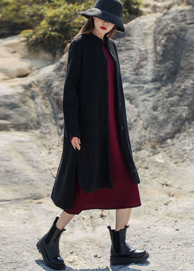 Manteaux En Laine Français Noir Col Montant Design Bas Et Haut Hiver - Manteaux en laine femmes
