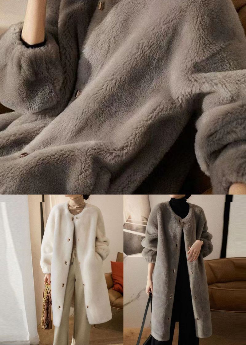 Manteaux En Laine Gris Ample À Col Rond Avec Poches Patchwork Hiver - Manteaux en laine femmes