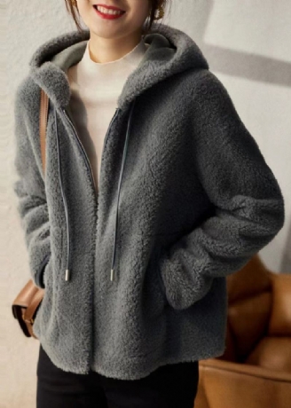 Manteaux En Laine Gris Décontracté Avec Poches À Capuche Patchwork Hiver