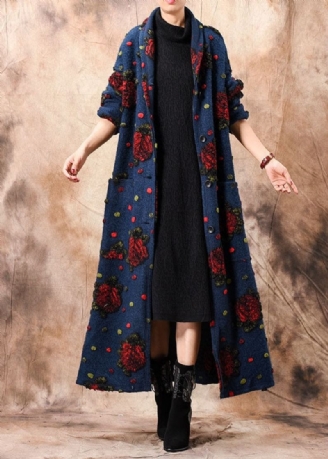 Manteaux En Laine D'hiver Chics En Jacquard À Boutons Bleus Et Floraux