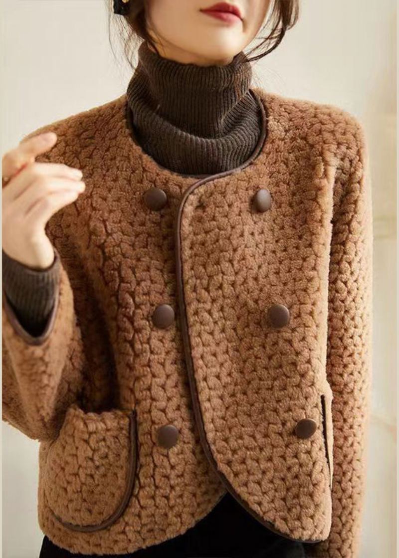 Manteaux En Laine Patchwork Beige Français Poches À Col Rond Hiver - Manteaux en laine femmes