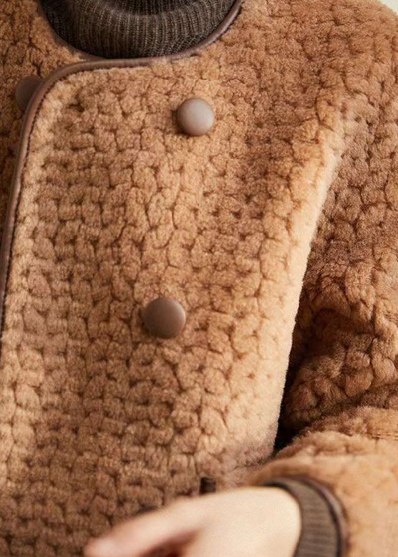 Manteaux En Laine Patchwork Beige Français Poches À Col Rond Hiver - Manteaux en laine femmes
