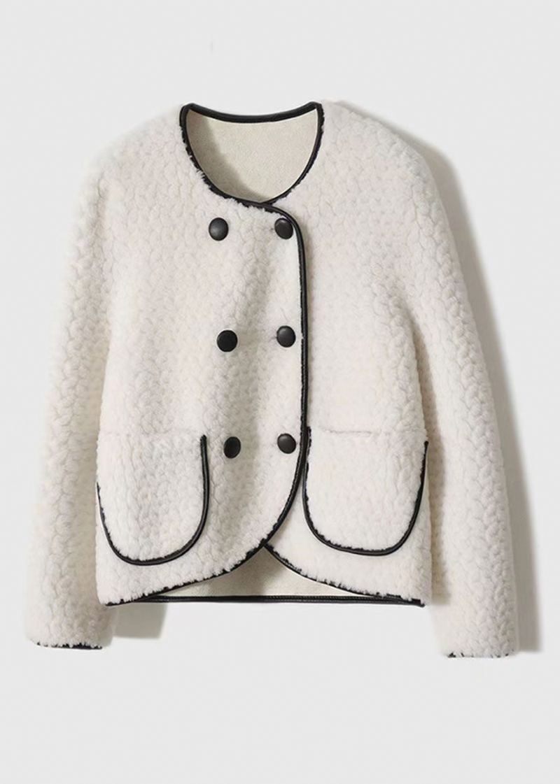 Manteaux En Laine Patchwork Beige Français Poches À Col Rond Hiver - Manteaux en laine femmes