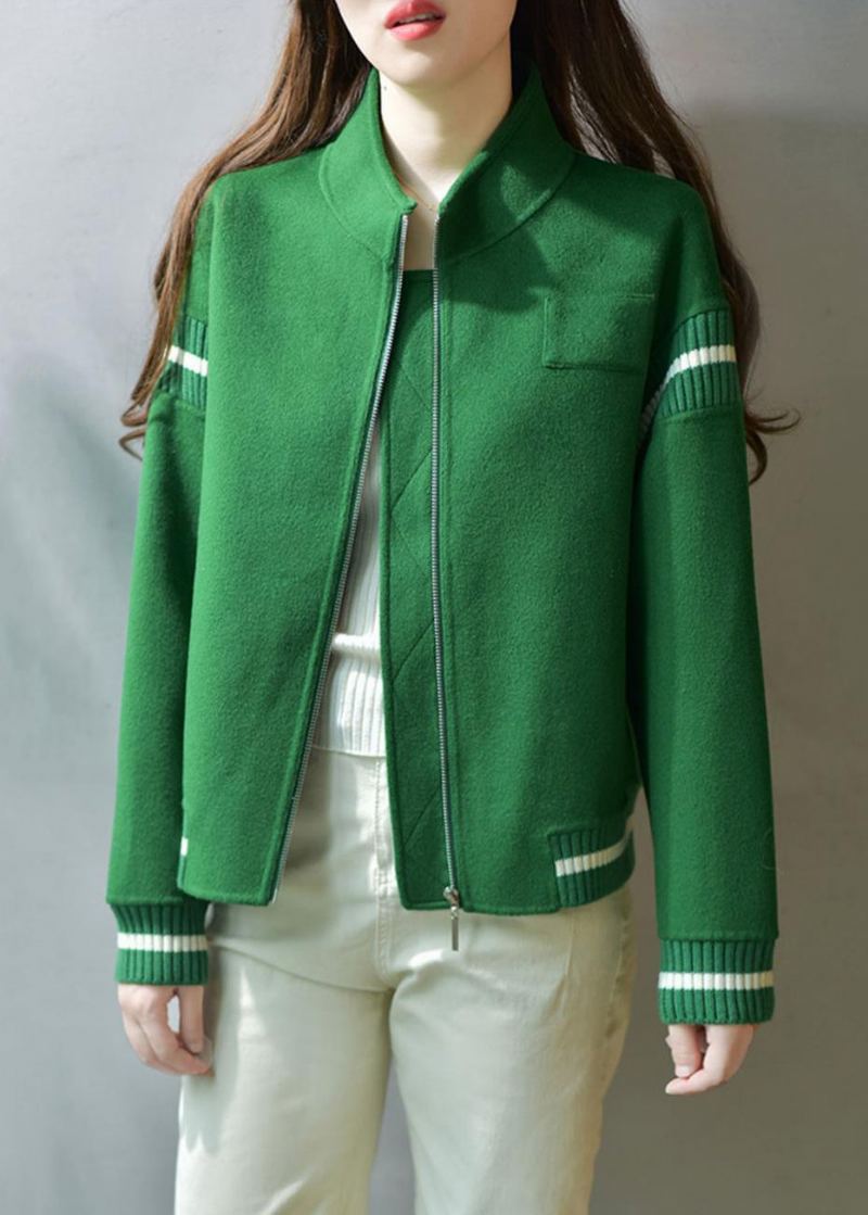 Manteaux En Laine Patchwork Vert Décontracté À Col Montant Avec Fermeture Éclair Automne - Manteaux en laine femmes