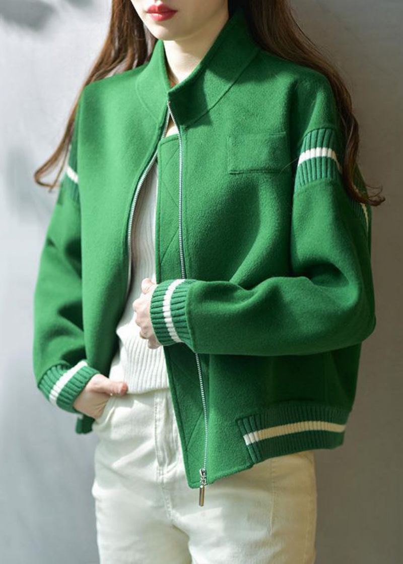 Manteaux En Laine Patchwork Vert Décontracté À Col Montant Avec Fermeture Éclair Automne - Manteaux en laine femmes