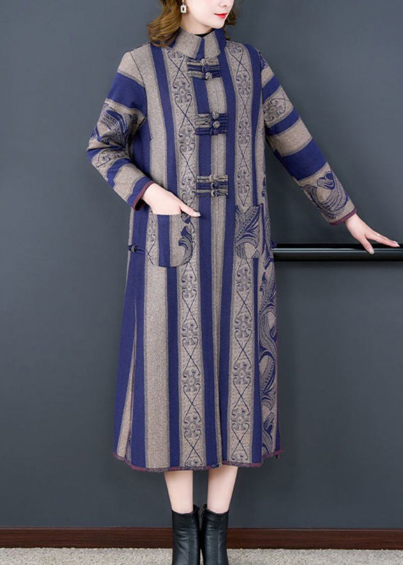 Manteaux En Laine Patchwork Vintage Rayé Gris Bouton Ouvert Sur Le Côté Automne - Manteaux en laine femmes