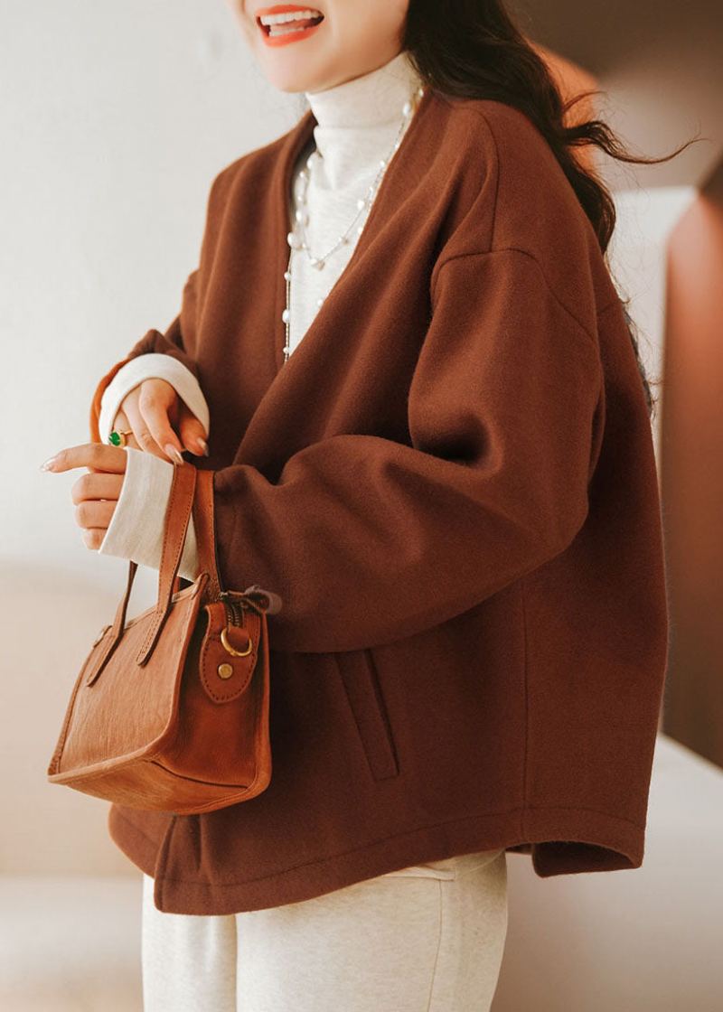 Manteaux En Laine Surdimensionnés Caramel Col En V Couleur Unie Hiver - Caramel