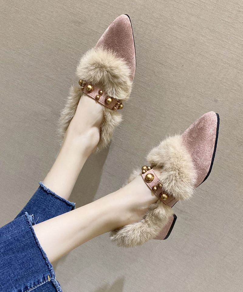 Mocassins Penny À Bout Pointu En Daim Épais Doublés De Laine Floue Noire À La Mode - Manteaux en laine femmes