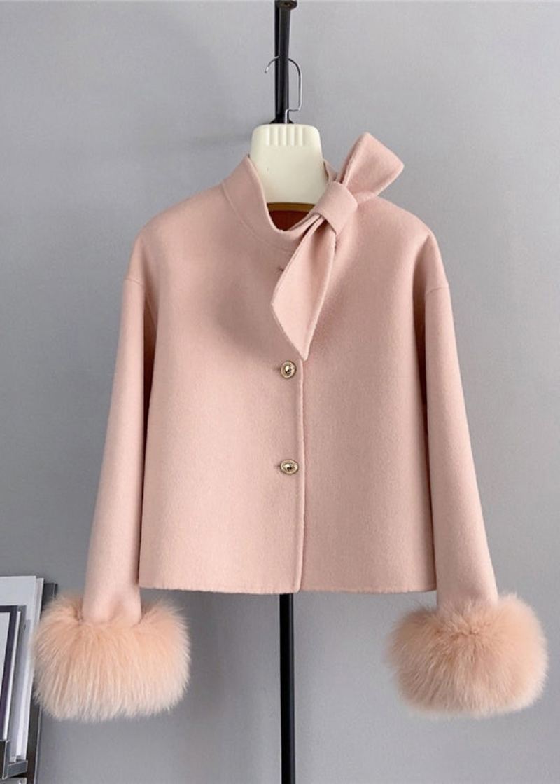 Nouveau Blanc Laine Noeud Bouton Renard Cheveux Manchette Manteau Court Hiver - Manteaux en laine femmes