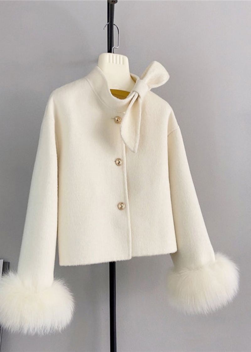 Nouveau Blanc Laine Noeud Bouton Renard Cheveux Manchette Manteau Court Hiver - Manteaux en laine femmes