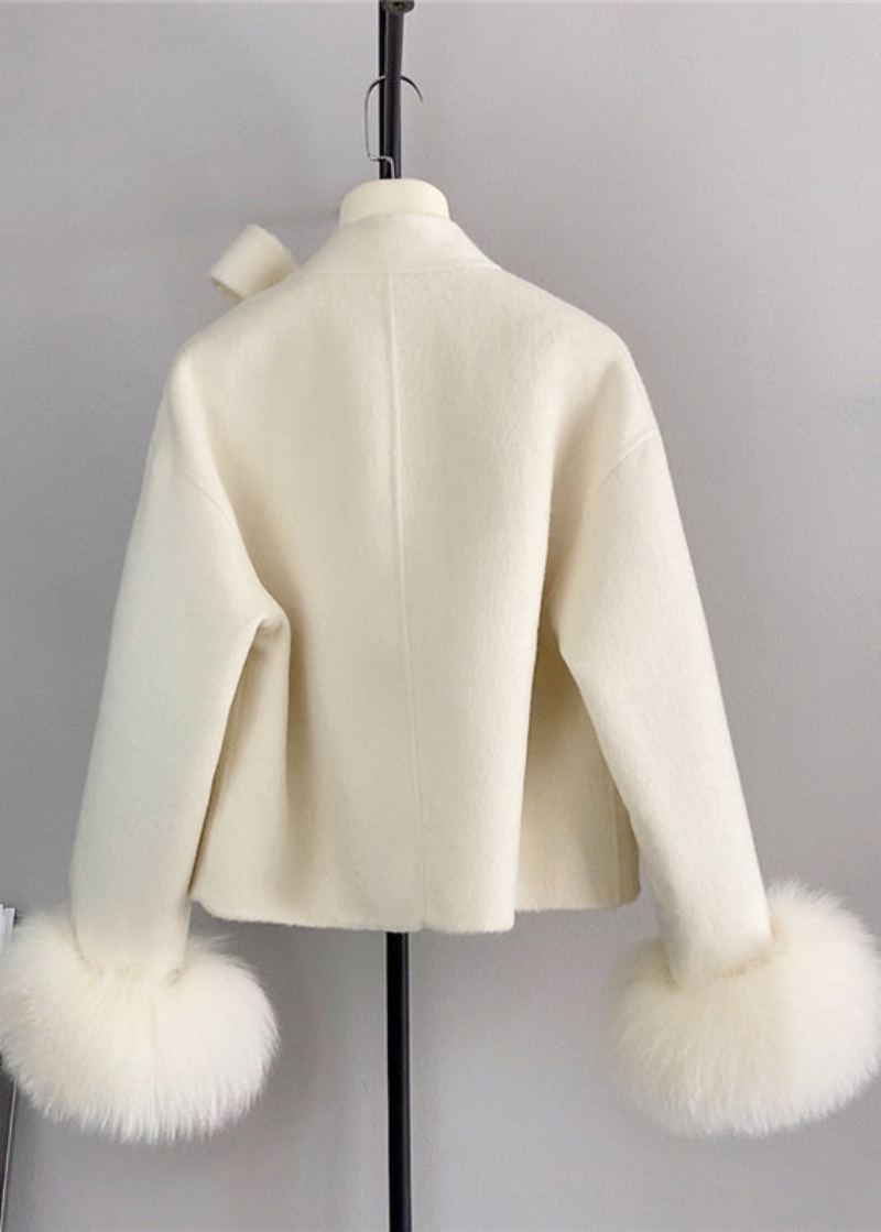 Nouveau Blanc Laine Noeud Bouton Renard Cheveux Manchette Manteau Court Hiver - Manteaux en laine femmes