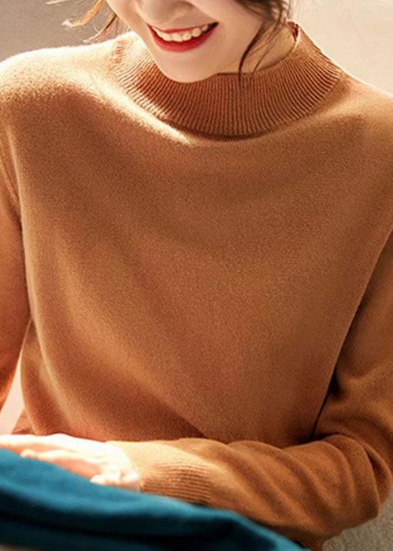 Nouveau Élégant Camel Col Montant Laine Tricot Pull Automne