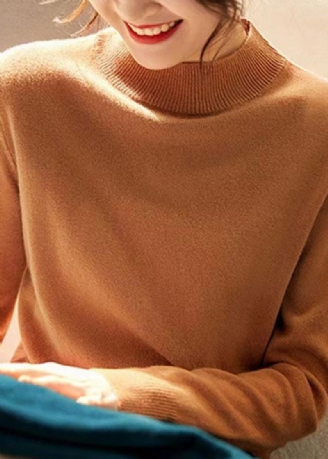 Nouveau Élégant Camel Col Montant Laine Tricot Pull Automne
