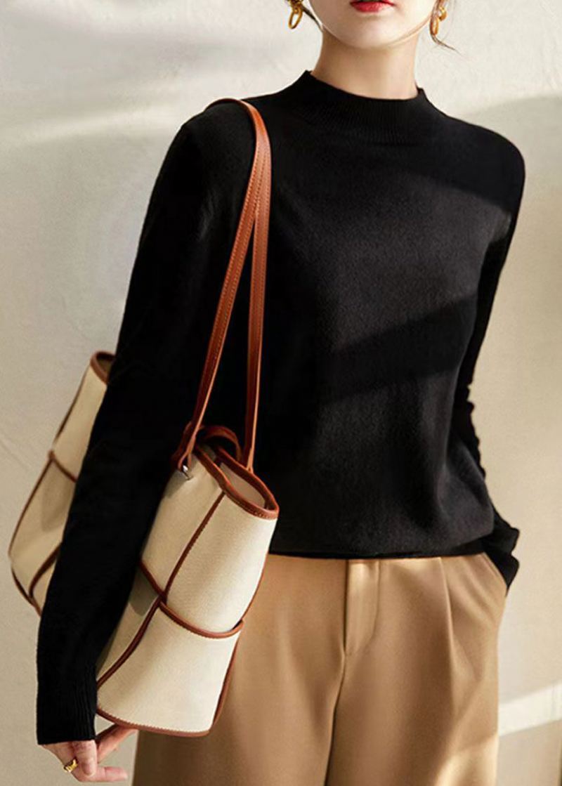 Nouveau Élégant Camel Col Montant Laine Tricot Pull Automne - Manteaux en laine femmes