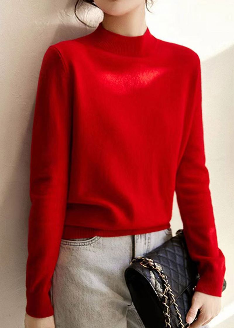 Nouveau Élégant Camel Col Montant Laine Tricot Pull Automne - Manteaux en laine femmes