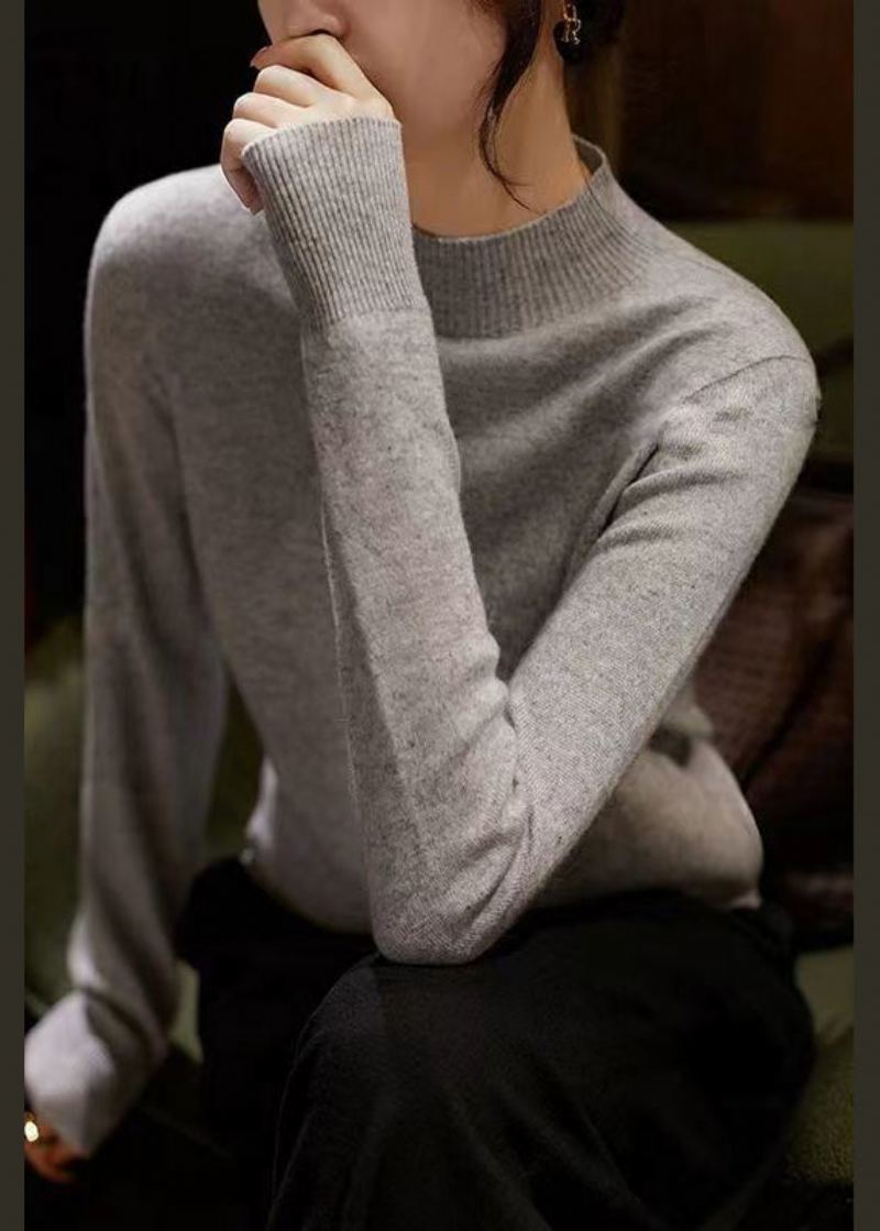 Nouveau Élégant Camel Col Montant Laine Tricot Pull Automne - Manteaux en laine femmes