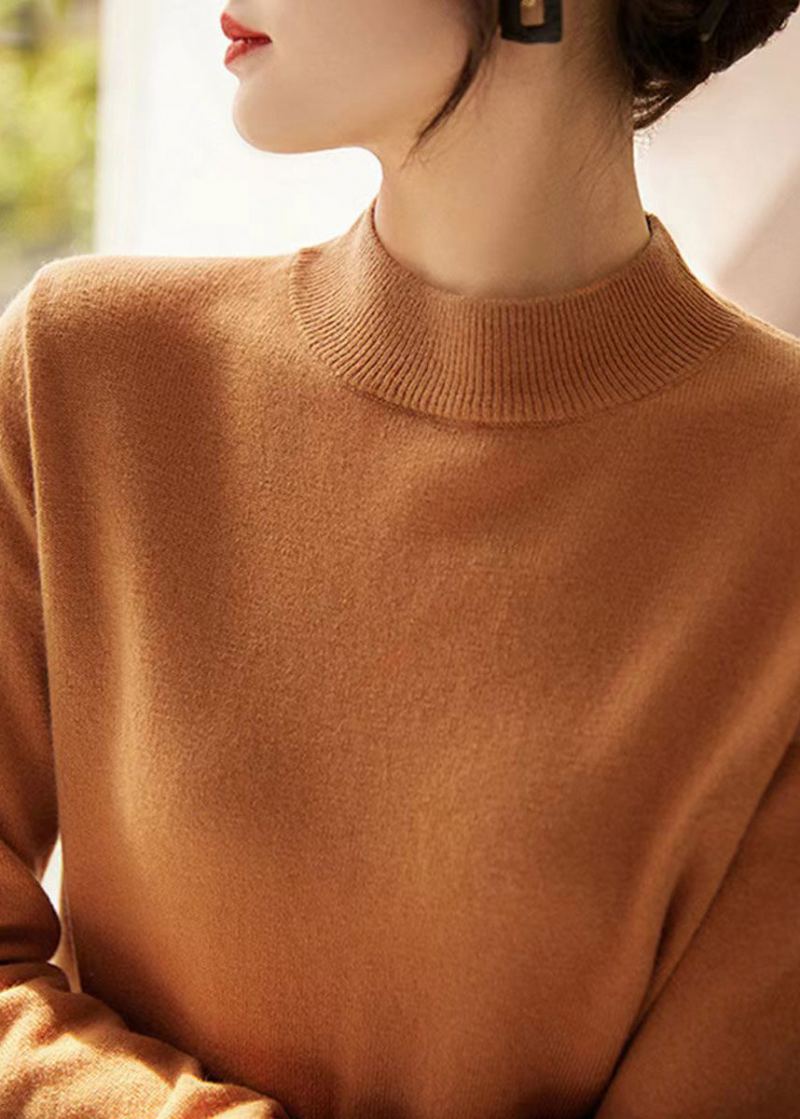 Nouveau Élégant Camel Col Montant Laine Tricot Pull Automne - Manteaux en laine femmes