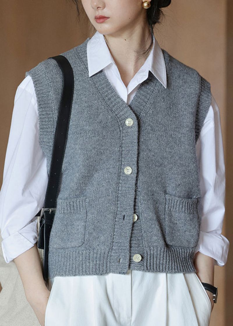 Nouveau Jaune Col En V Bouton Patchwork Laine Tricot Gilet Sans Manches - Manteaux en laine femmes
